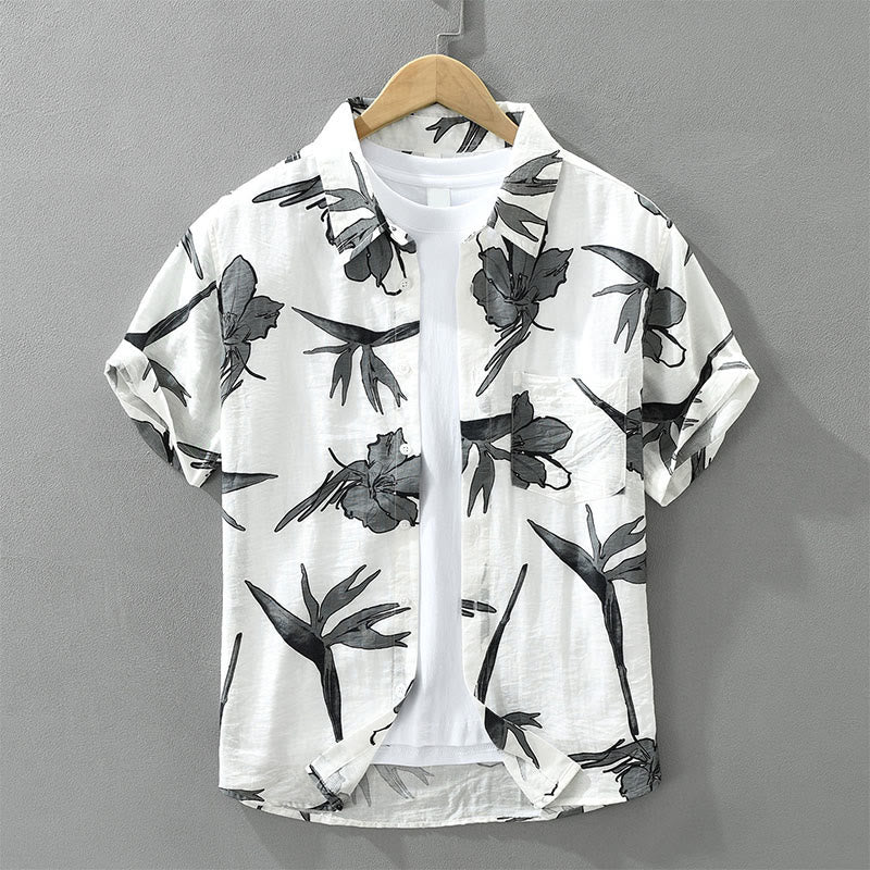 Buddha Stones Lässiges Sommerhemd für Herren mit Blumenmuster, Knopfleiste und aufgesetzter Tasche - Weiß - US/ UK/AU42, EU52 (3XL) - image 0