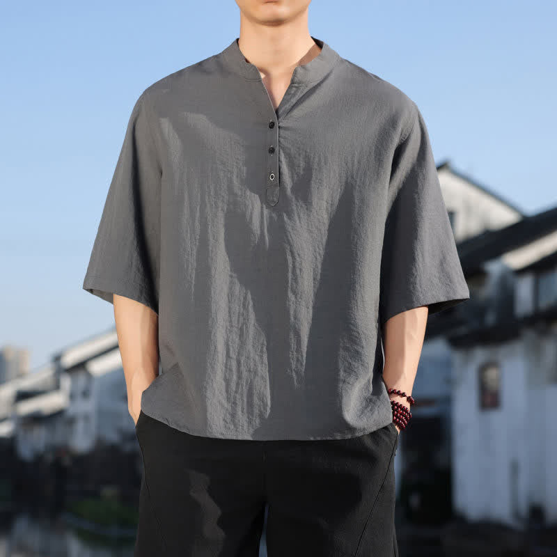 Buddha Stones Sommerhemd für Herren mit Stehkragen, drei Knöpfen und ellbogenlangen Ärmeln - Grau - US/ UK/AU48, EU58 (5XL) - image 17