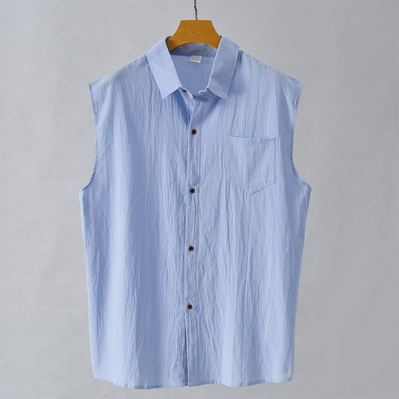 Buddha Stones Lässiges, minimalistisches, einfarbiges Herrenhemd mit Knopfleiste für den Sommer, ärmellos - Hellblau - US/UK/AU44, EU54 (3XL) - image 19