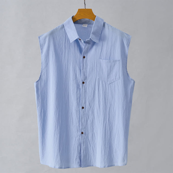 Buddha Stones Lässiges, minimalistisches, einfarbiges Herrenhemd mit Knopfleiste für den Sommer, ärmellos - Hellblau - US/UK/AU44, EU54 (3XL) - image 19