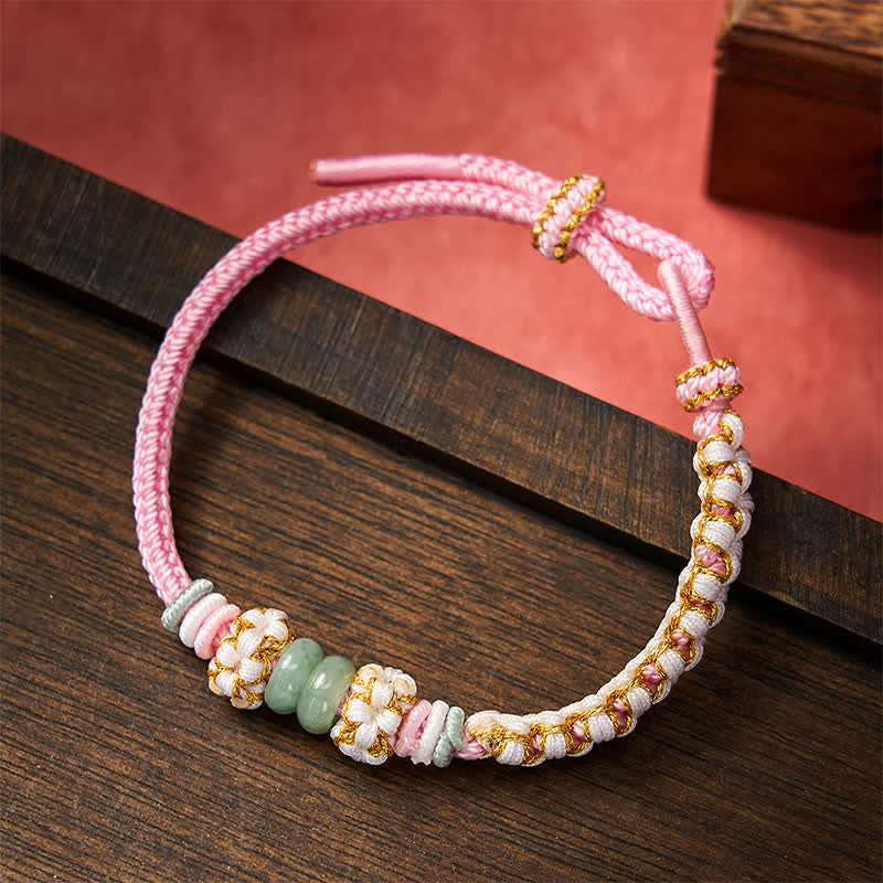 Buddha Stones Handgefertigtes, geflochtenes Armband mit Pfirsichblüten und Jade in chinesischer Knotentechnik, verstellbar. - Rosa - 15-20 cm - image 14