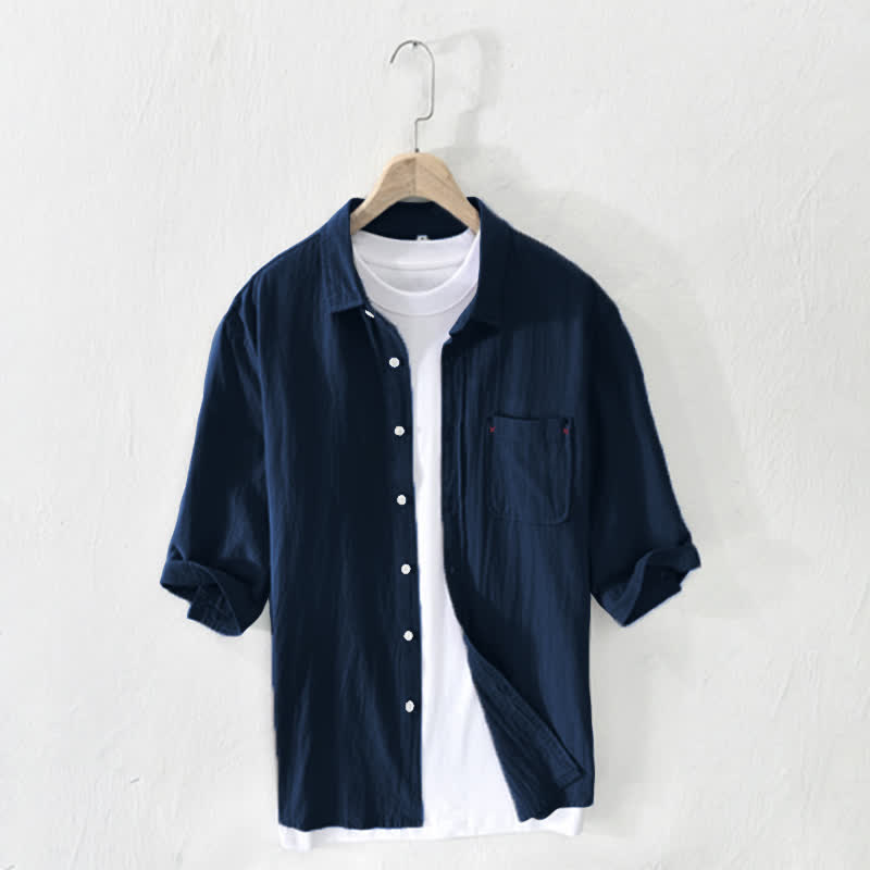 Buddha Stones Lässiges, minimalistisches Sommerhemd mit Knopfleiste, Kurzarm, aus Baumwoll-Leinen-Mischgewebe und Tasche für Herren. - Marine - US/UK/AU42, EU52 (3XL) - image 14