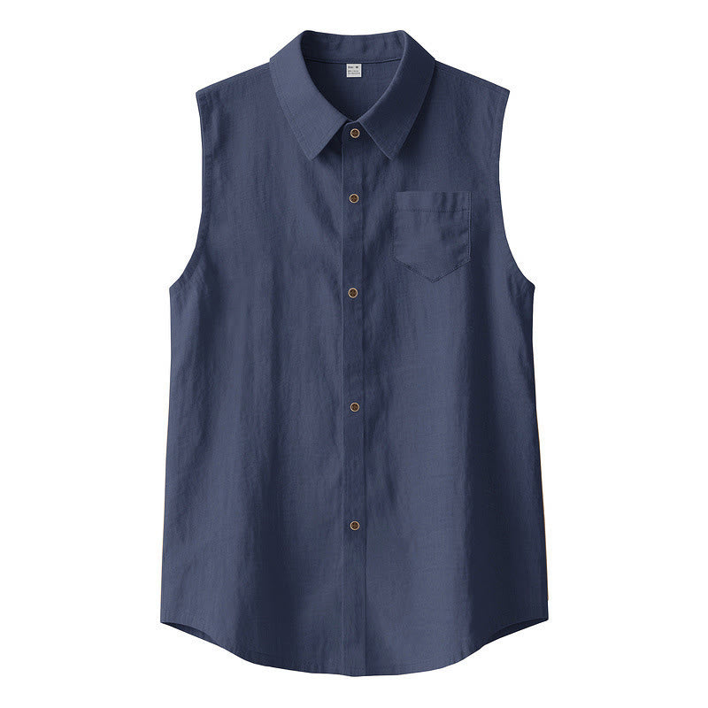 Buddha Stones Lässiges, minimalistisches, einfarbiges Herrenhemd mit Knopfleiste für den Sommer, ärmellos - Marine - US/UK/AU44, EU54 (3XL) - image 0