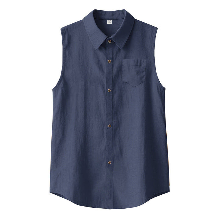 Buddha Stones Lässiges, minimalistisches, einfarbiges Herrenhemd mit Knopfleiste für den Sommer, ärmellos - Marine - US/UK/AU44, EU54 (3XL) - image 0