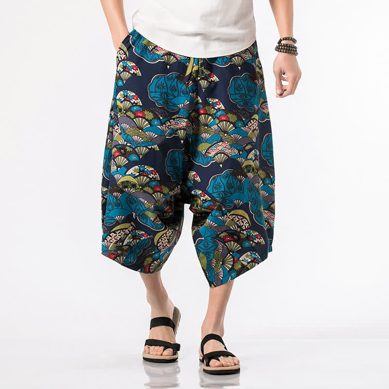Buddha Stones Sommerliche Boho-Caprihose mit Kordelzug, floralem Baumwoll-Leinen-Mischgewebe und Tasche - image 1