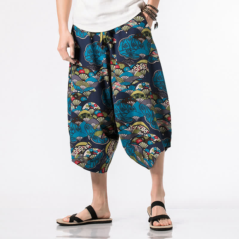 Buddha Stones Sommerliche Boho-Caprihose mit Kordelzug, floralem Baumwoll-Leinen-Mischgewebe und Tasche - Blau - US/UK/AU48, EU58 (5XL) - image 0