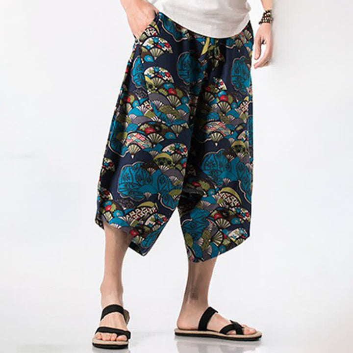 Buddha Stones Sommerliche Boho-Caprihose mit Kordelzug, floralem Baumwoll-Leinen-Mischgewebe und Tasche - image 2