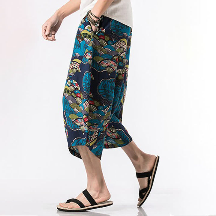 Buddha Stones Sommerliche Boho-Caprihose mit Kordelzug, floralem Baumwoll-Leinen-Mischgewebe und Tasche - image 5