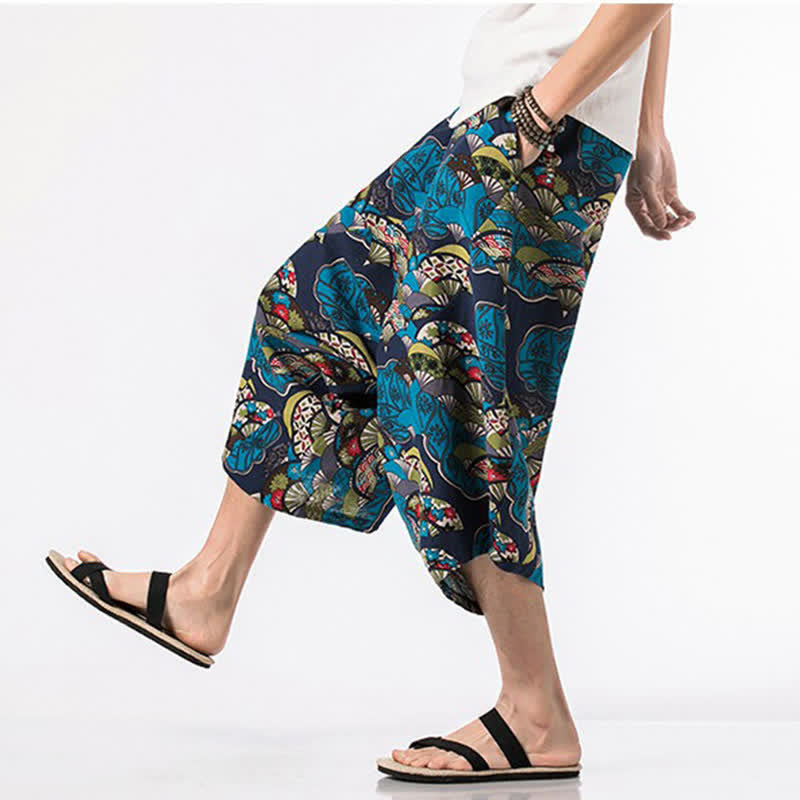 Buddha Stones Sommerliche Boho-Caprihose mit Kordelzug, floralem Baumwoll-Leinen-Mischgewebe und Tasche - image 4
