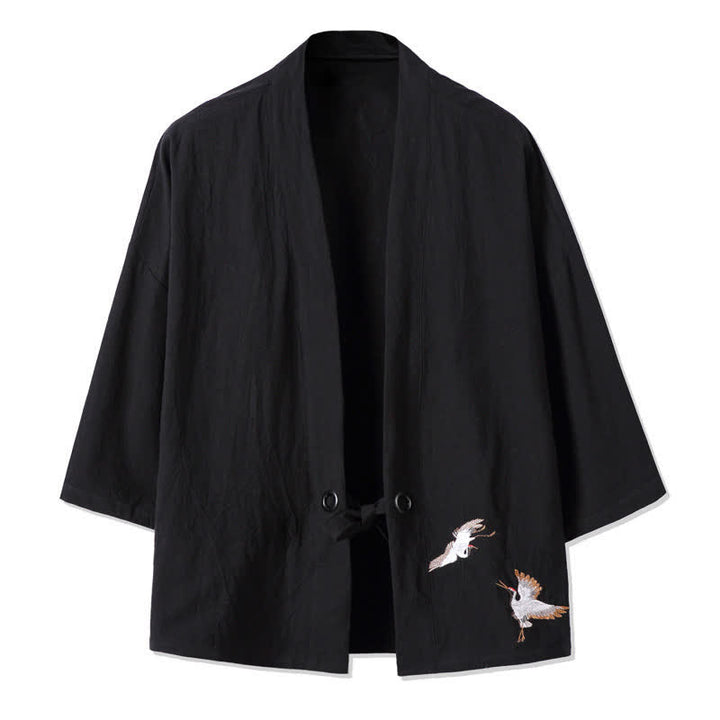 Buddha Stones Lässiger Vintage-Kimono für Herren mit Kranichstickerei aus Baumwoll-Leinen für den Herbst - Schwarz - US/ UK/AU48, EU58 (5XL) - image 6