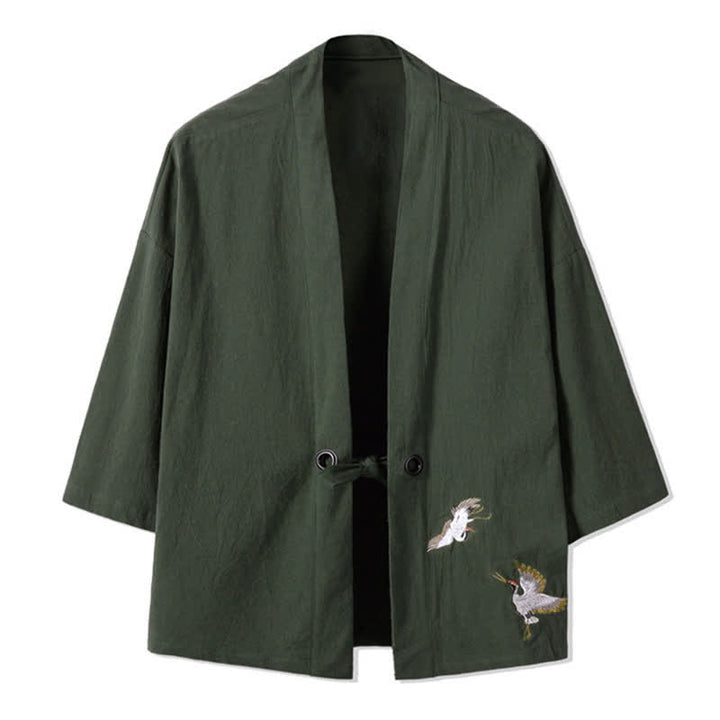 Buddha Stones Lässiger Vintage-Kimono für Herren mit Kranichstickerei aus Baumwoll-Leinen für den Herbst - Dunkelolivgrün - US/ UK/AU48, EU58 (5XL) - image 0