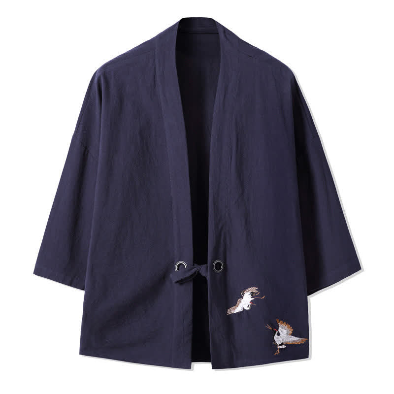 Buddha Stones Lässiger Vintage-Kimono für Herren mit Kranichstickerei aus Baumwoll-Leinen für den Herbst - Mitternachtsblau - US/ UK/AU48, EU58 (5XL) - image 10