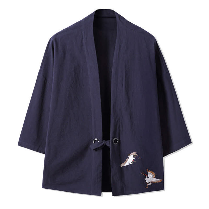 Buddha Stones Lässiger Vintage-Kimono für Herren mit Kranichstickerei aus Baumwoll-Leinen für den Herbst - Mitternachtsblau - US/ UK/AU48, EU58 (5XL) - image 10