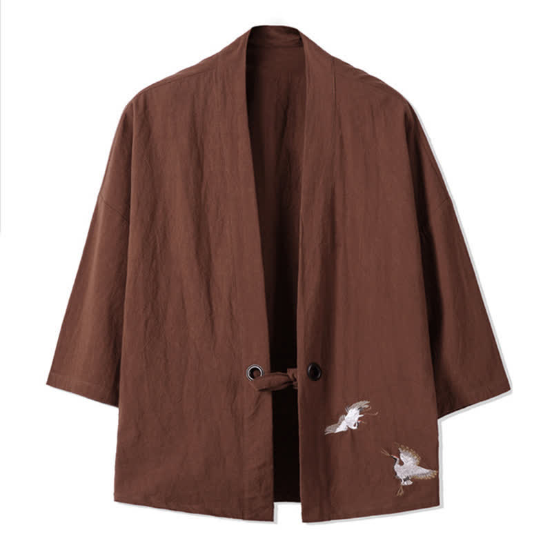 Buddha Stones Lässiger Vintage-Kimono für Herren mit Kranichstickerei aus Baumwoll-Leinen für den Herbst - Sienna - US/ UK/AU48, EU58 (5XL) - image 12