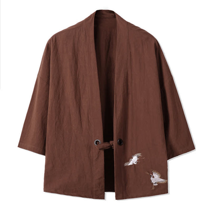 Buddha Stones Lässiger Vintage-Kimono für Herren mit Kranichstickerei aus Baumwoll-Leinen für den Herbst - Sienna - US/ UK/AU48, EU58 (5XL) - image 12