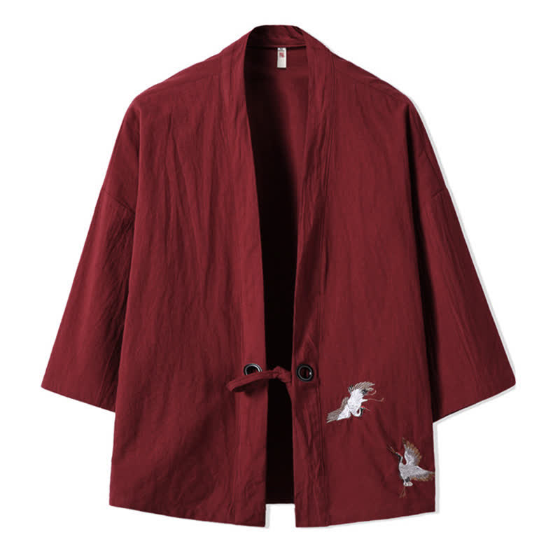 Buddha Stones Lässiger Vintage-Kimono für Herren mit Kranichstickerei aus Baumwoll-Leinen für den Herbst - Kastanienbraun - US/ UK/AU48, EU58 (5XL) - image 8