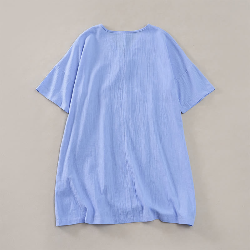 Buddha Stones Sommerliches, lässiges, minimalistisches, einfarbiges Kurzarmkleid mit Knopfleiste für Damen - image 13