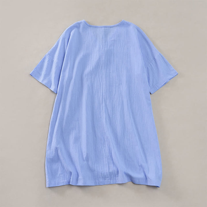Buddha Stones Sommerliches, lässiges, minimalistisches, einfarbiges Kurzarmkleid mit Knopfleiste für Damen - image 13