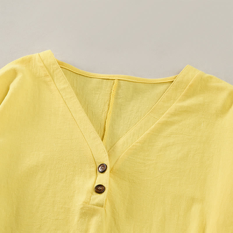 Buddha Stones Sommerliches, lässiges, minimalistisches, einfarbiges Kurzarmkleid mit Knopfleiste für Damen - image 8