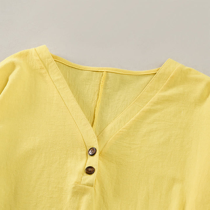 Buddha Stones Sommerliches, lässiges, minimalistisches, einfarbiges Kurzarmkleid mit Knopfleiste für Damen - image 8
