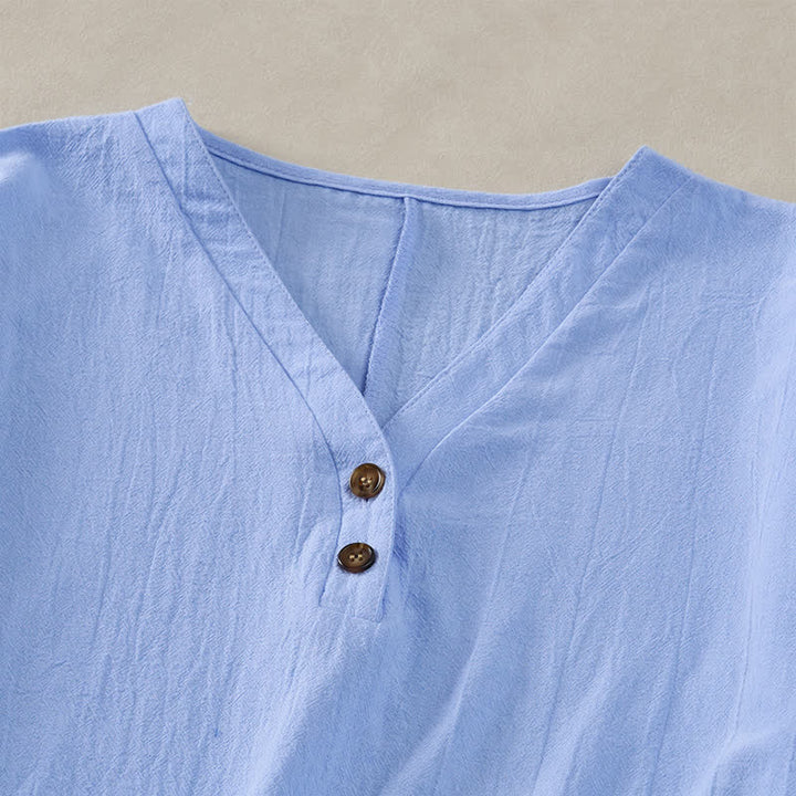 Buddha Stones Sommerliches, lässiges, minimalistisches, einfarbiges Kurzarmkleid mit Knopfleiste für Damen - image 14