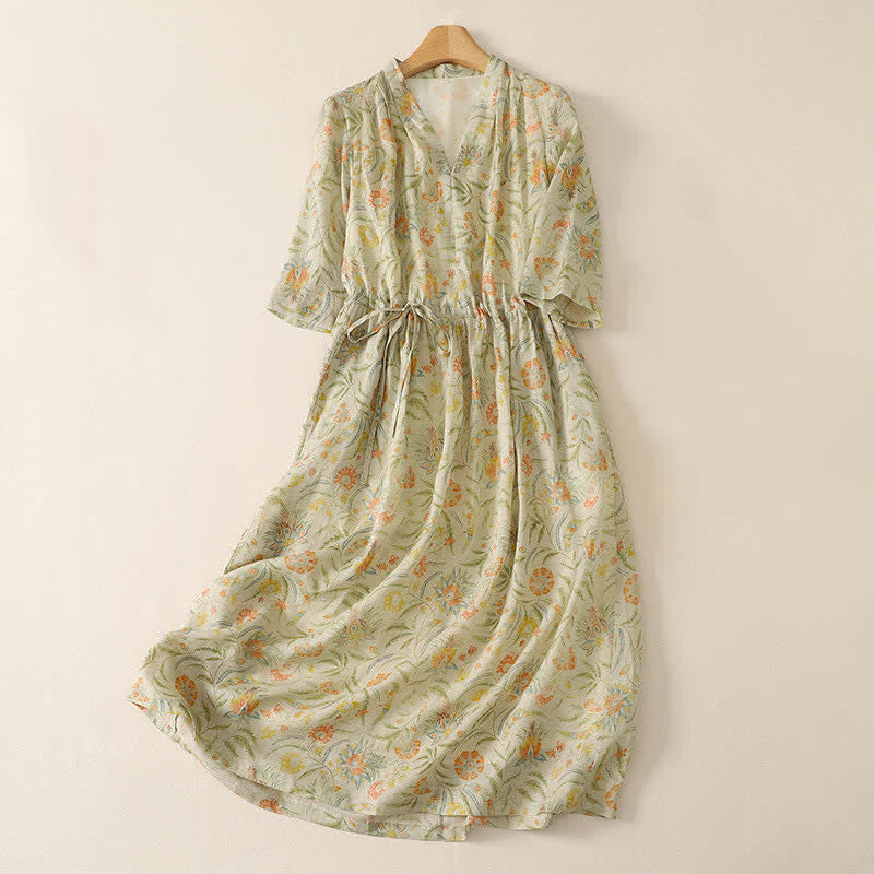 Buddha Stones Sommerliches Boho-Kleid mit Kordelzug, Blumenmuster, kurzen Ärmeln und Tasche für Damen, Kurzarm, Damen, Kurzarm, mit Tasche - Zitronen-Chiffon - US12, UK/AU16, EU44 (2XL) - image 0
