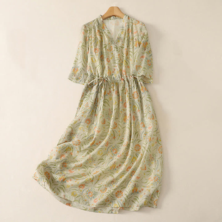 Buddha Stones Sommerliches Boho-Kleid mit Kordelzug, Blumenmuster, kurzen Ärmeln und Tasche für Damen, Kurzarm, Damen, Kurzarm, mit Tasche - Zitronen-Chiffon - US12, UK/AU16, EU44 (2XL) - image 0