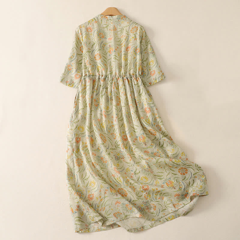 Buddha Stones Sommerliches Boho-Kleid mit Kordelzug, Blumenmuster, kurzen Ärmeln und Tasche für Damen, Kurzarm, Damen, Kurzarm, mit Tasche - image 1