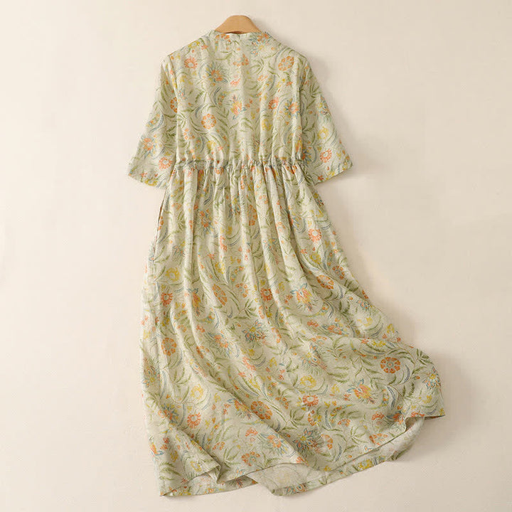 Buddha Stones Sommerliches Boho-Kleid mit Kordelzug, Blumenmuster, kurzen Ärmeln und Tasche für Damen, Kurzarm, Damen, Kurzarm, mit Tasche - image 1