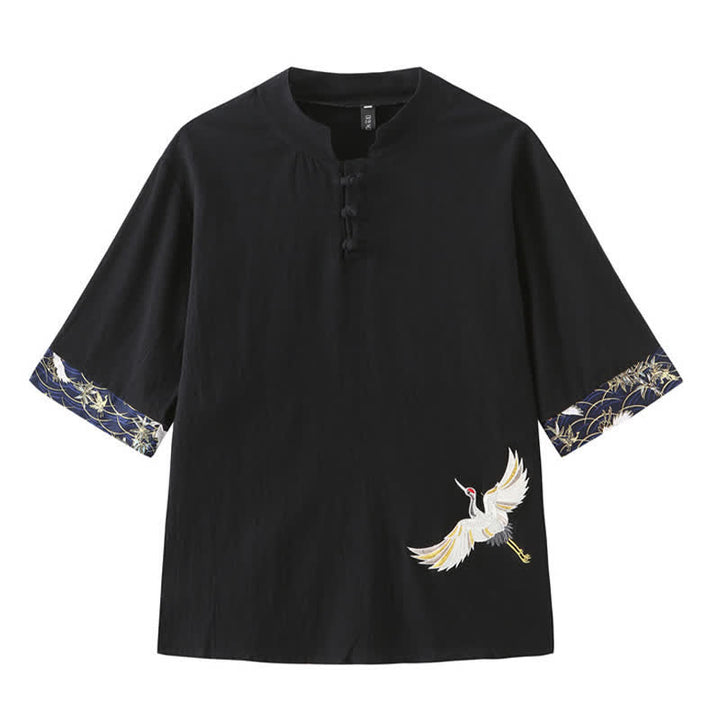 Buddha Stones Sommerliche Kurzarmhemden im Vintage-Stil mit Froschknopf und Kranichmotiv im Tang-Stil für Herren - Schwarz - US/ UK/AU46, EU56 (5XL) - image 10