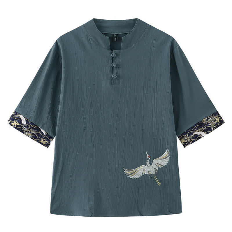 Buddha Stones Sommerliche Kurzarmhemden im Vintage-Stil mit Froschknopf und Kranichmotiv im Tang-Stil für Herren - Kadettenblau - US/ UK/AU46, EU56 (5XL) - image 0
