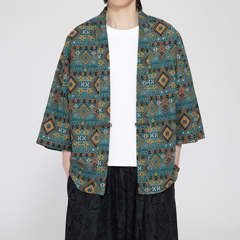 Buddha Stones Boho-Kimonos für Herren, lässig, mit aufgesetzten Taschen und geometrischem Muster, für Frühling und Sommer - Türkis - US/UK/AU46, EU56 (5XL) - image 0