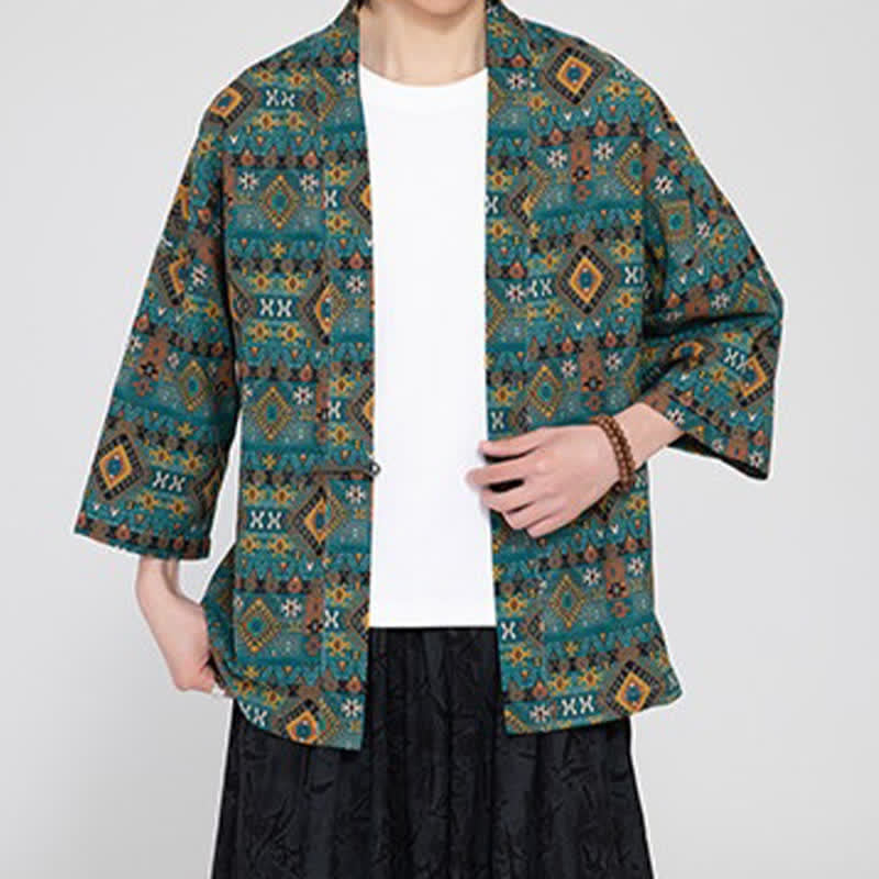 Buddha Stones Boho-Kimonos für Herren, lässig, mit aufgesetzten Taschen und geometrischem Muster, für Frühling und Sommer - image 1