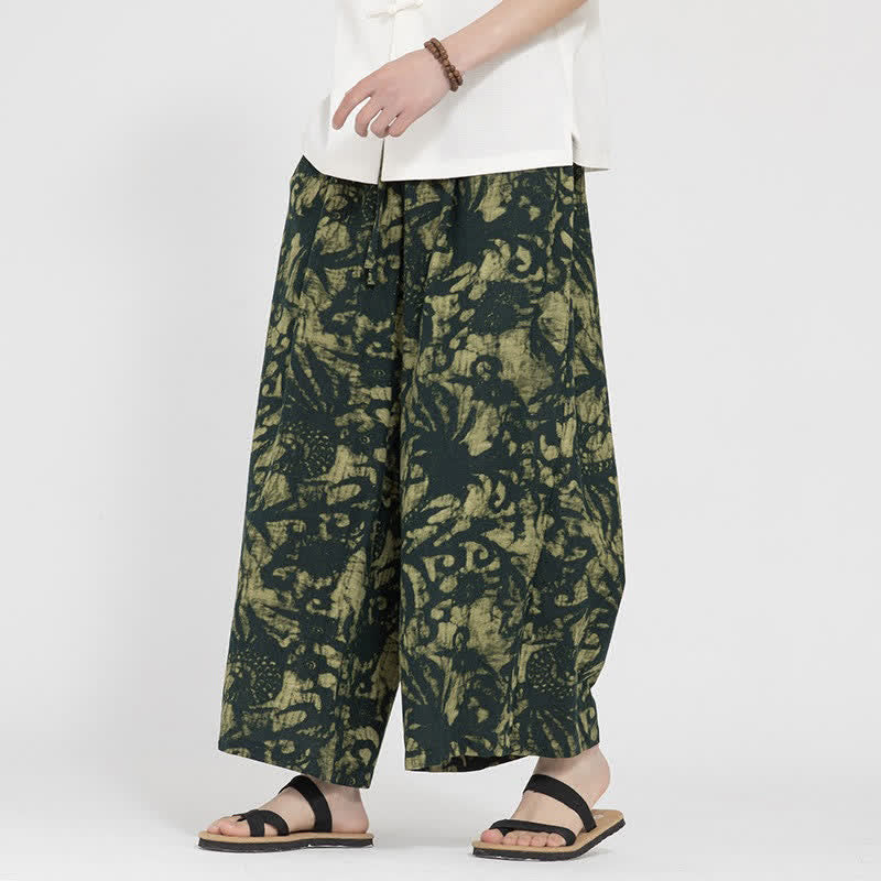 Buddha Stones Sommerliche Boho-Freizeithose mit Kordelzug, abstraktem Muster, kurzem Schnitt, geradem Bein und Tasche - Dunkelolivgrün - US/UK/AU48, EU58 (5XL) - image 0