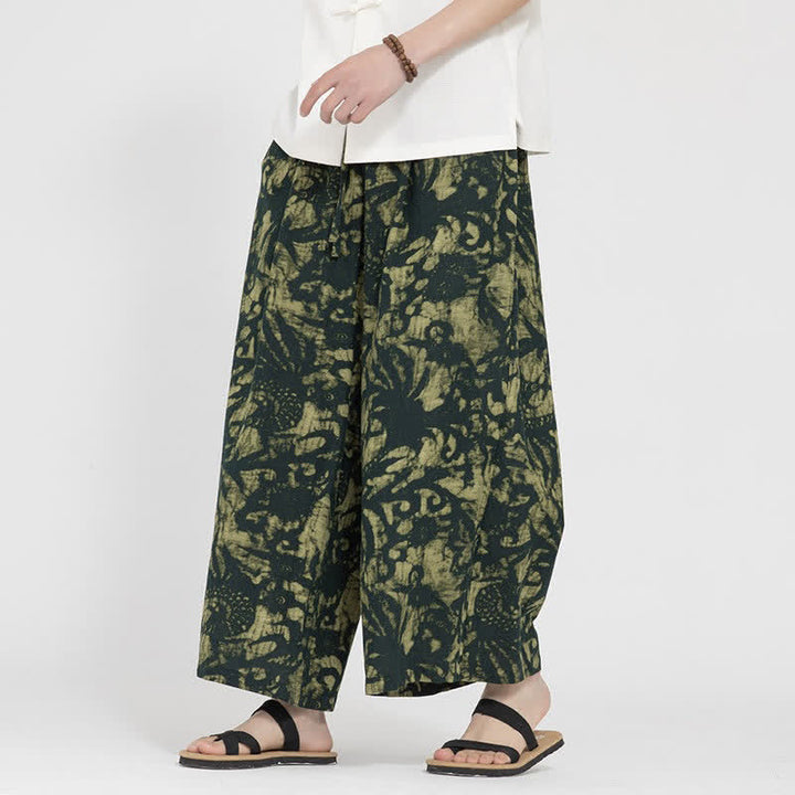 Buddha Stones Sommerliche Boho-Freizeithose mit Kordelzug, abstraktem Muster, kurzem Schnitt, geradem Bein und Tasche - Dunkelolivgrün - US/UK/AU48, EU58 (5XL) - image 0