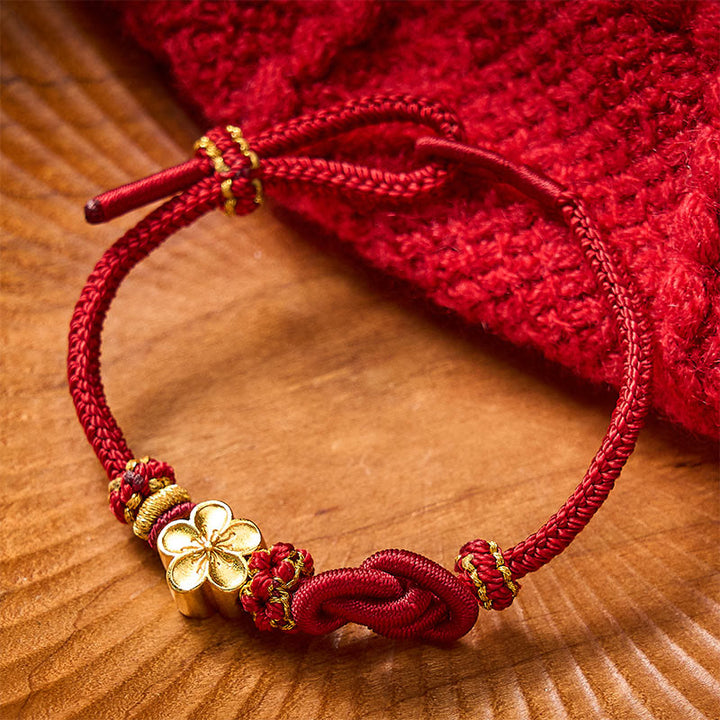 Buddha Stones Verstellbares Armband mit Blumenmuster, geflochtenem Seilknoten - Dunkelrot mit Blumenaccessoire - image 0