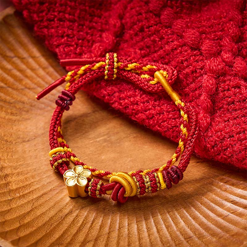 Buddha Stones Verstellbares Armband mit Blumenmuster, geflochtenem Seilknoten und doppelter Wicklung - Rot mit Blumenaccessoire - image 0