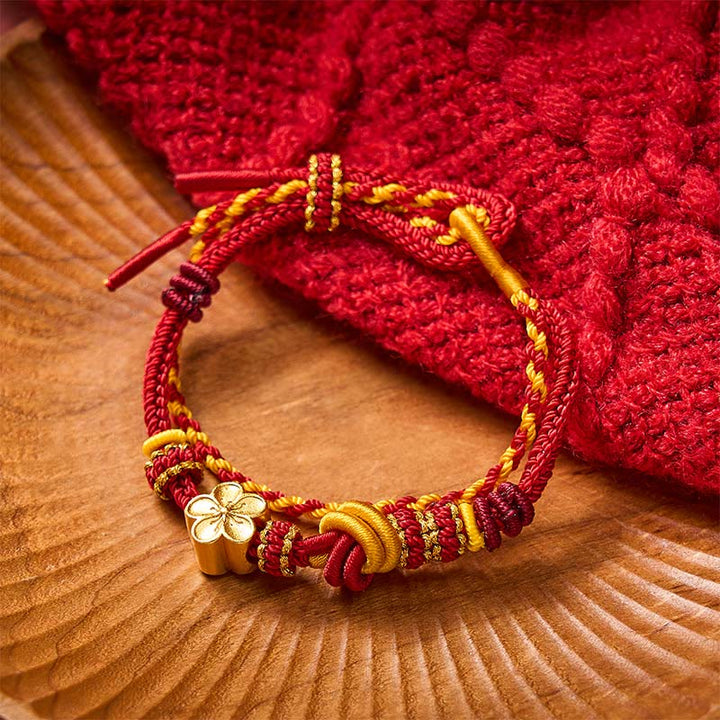 Buddha Stones Verstellbares Armband mit Blumenmuster, geflochtenem Seilknoten und doppelter Wicklung - Rot mit Blumenaccessoire - image 0