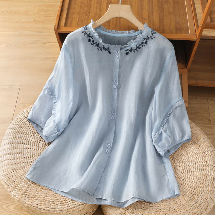 Buddha Stones Sommerliches, lässiges Vintage-Hemd für Damen in Hellblau mit Stickerei, Knopfleiste und Ellbogenlänge. - Hellstahlblau - US 8-10, UK/AU 12-14, EU 40-42 (2XL) - image 0