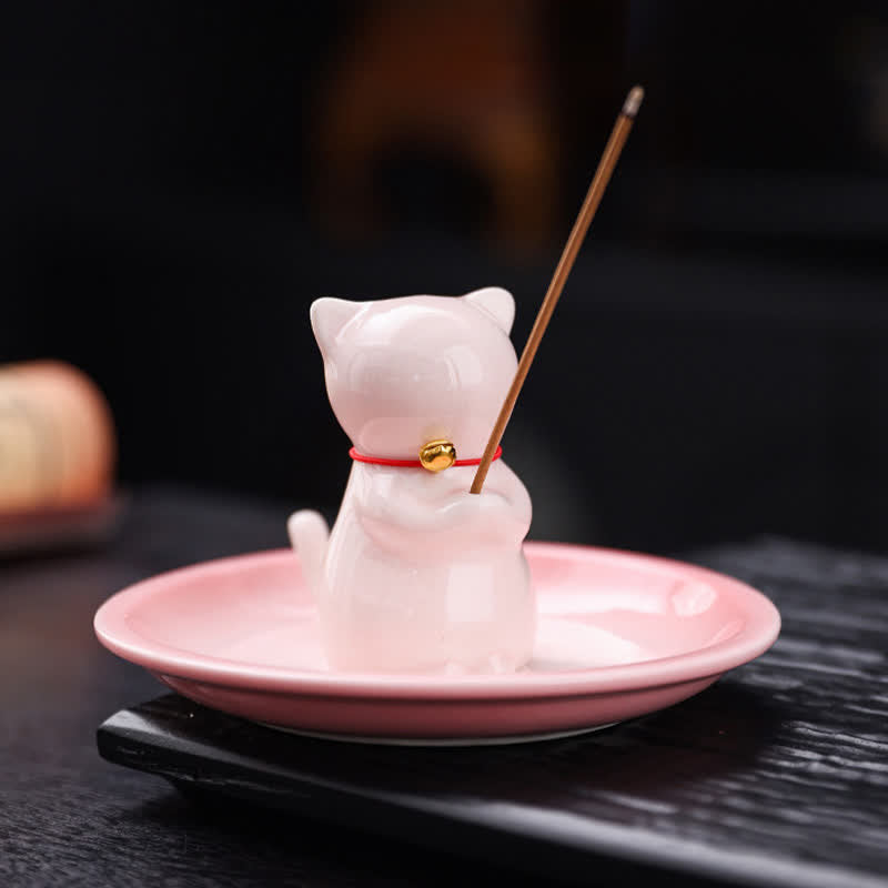 Buddha Stones Räucherstäbchenhalter in Kawaii-Katzenform aus Keramik mit Ascheauffangschale (ohne Räucherstäbchen) - Pink – Ohne Räucherstäbchen - image 0