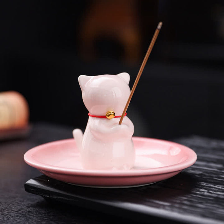 Buddha Stones Räucherstäbchenhalter in Kawaii-Katzenform aus Keramik mit Ascheauffangschale (ohne Räucherstäbchen) - Pink – Ohne Räucherstäbchen - image 0