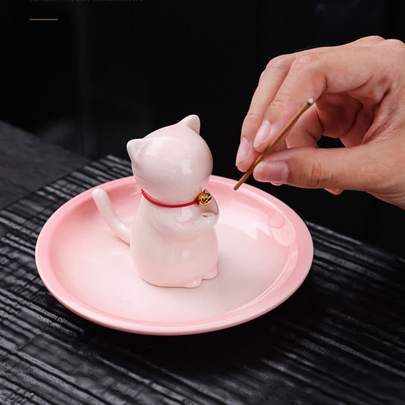 Buddha Stones Räucherstäbchenhalter in Kawaii-Katzenform aus Keramik mit Ascheauffangschale (ohne Räucherstäbchen) - image 3