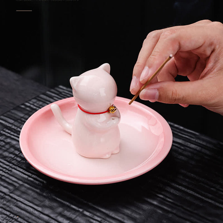 Buddha Stones Räucherstäbchenhalter in Kawaii-Katzenform aus Keramik mit Ascheauffangschale (ohne Räucherstäbchen) - image 3