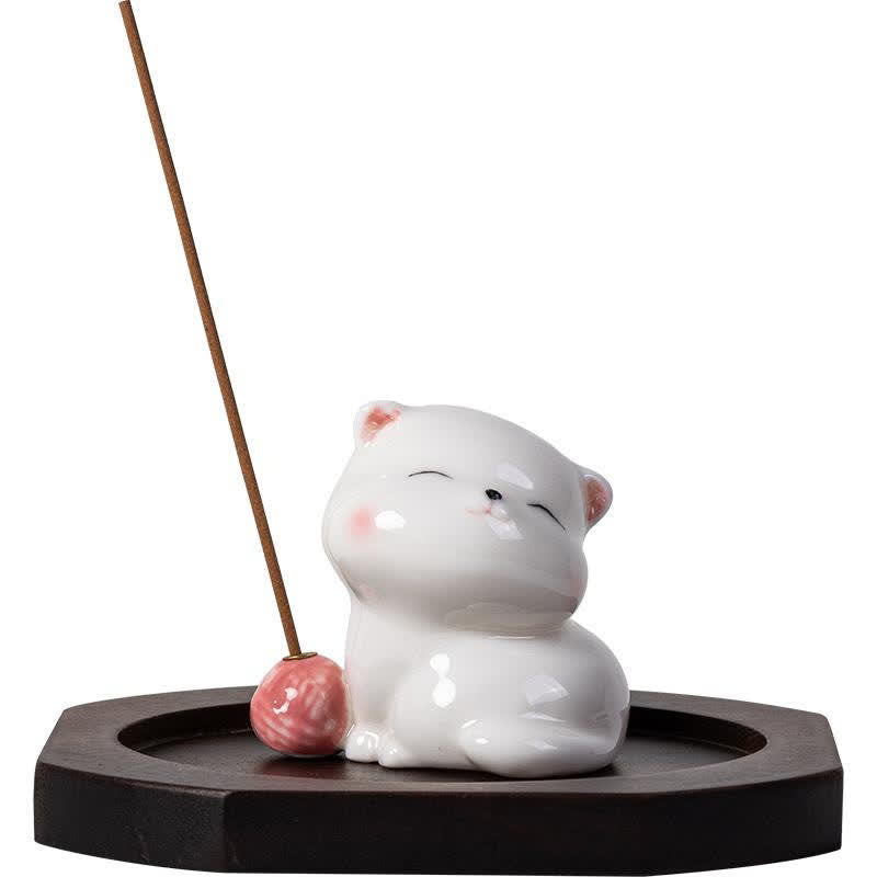 Buddha Stones Minimalistischer weißer Keramik-Katzen-Räuchergefäß mit Pompon (ohne Räucherstäbchen) - image 6
