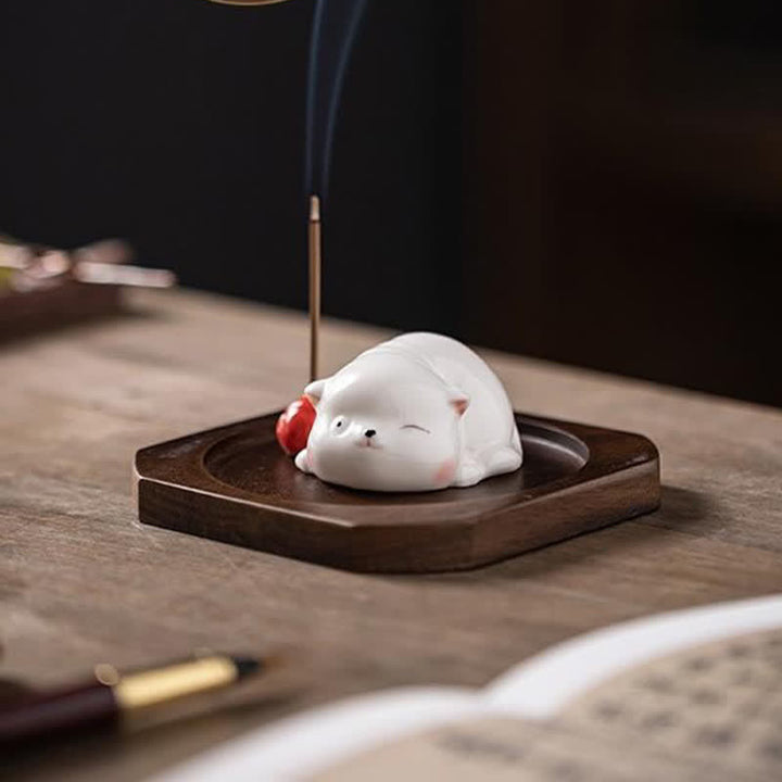 Buddha Stones Minimalistischer weißer Keramik-Katzen-Räuchergefäß mit Pompon (ohne Räucherstäbchen) - image 19