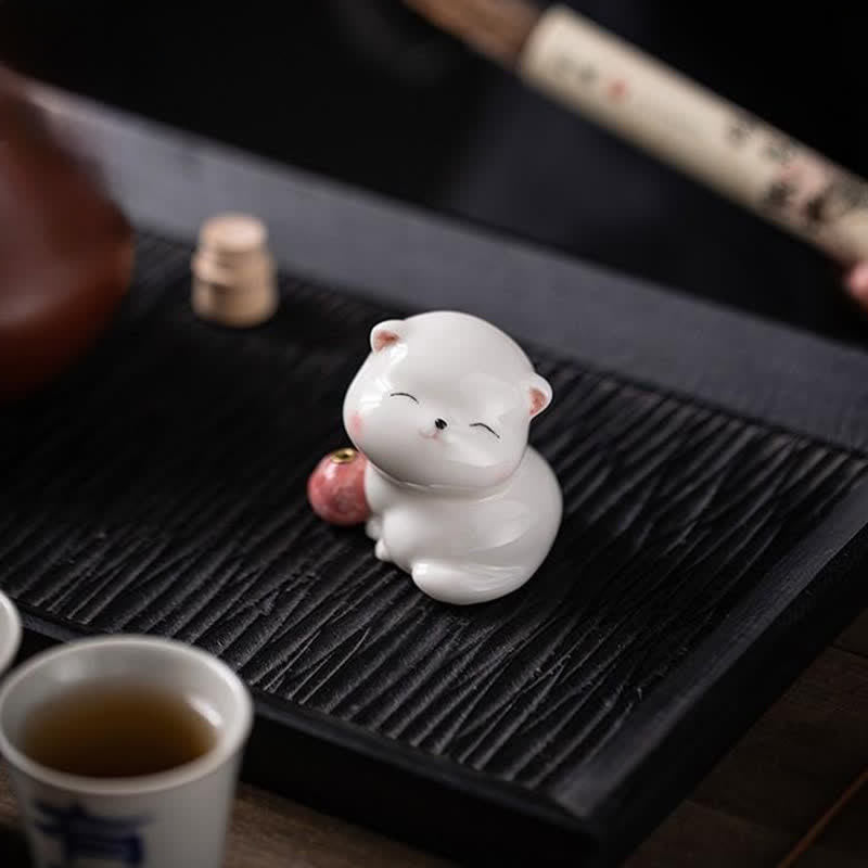 Buddha Stones Minimalistischer weißer Keramik-Katzen-Räuchergefäß mit Pompon (ohne Räucherstäbchen) - image 7