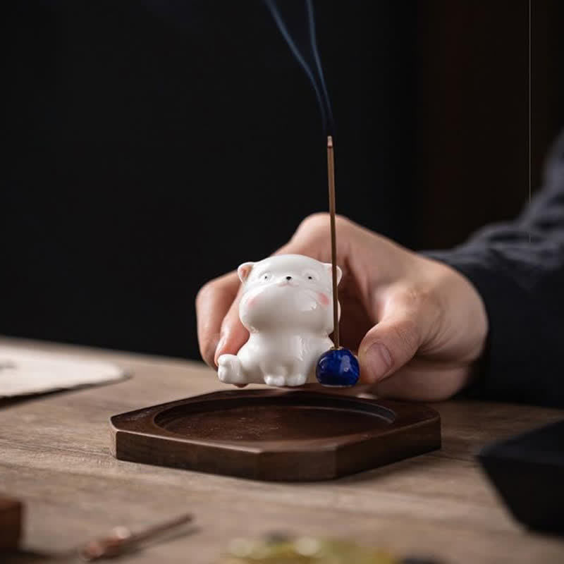 Buddha Stones Minimalistischer weißer Keramik-Katzen-Räuchergefäß mit Pompon (ohne Räucherstäbchen) - image 15