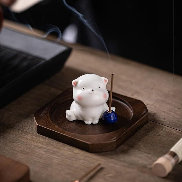 Buddha Stones Minimalistischer weißer Keramik-Katzen-Räuchergefäß mit Pompon (ohne Räucherstäbchen) - image 14