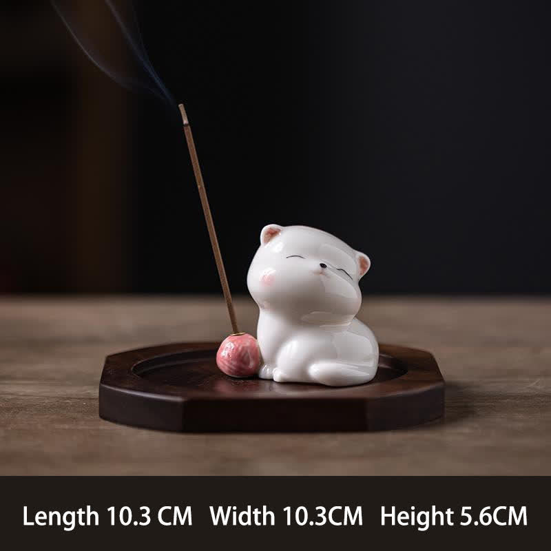 Buddha Stones Minimalistischer weißer Keramik-Katzen-Räuchergefäß mit Pompon (ohne Räucherstäbchen) - Rosa mit Basis - image 1