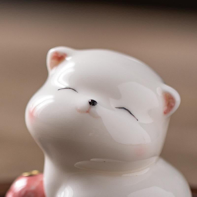 Buddha Stones Minimalistischer weißer Keramik-Katzen-Räuchergefäß mit Pompon (ohne Räucherstäbchen) - image 11